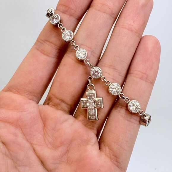 VTG Sterling Silver 925 Cubic Zirconia Cross Chain Bracelet Size 7" Length - Picture 3 of 13